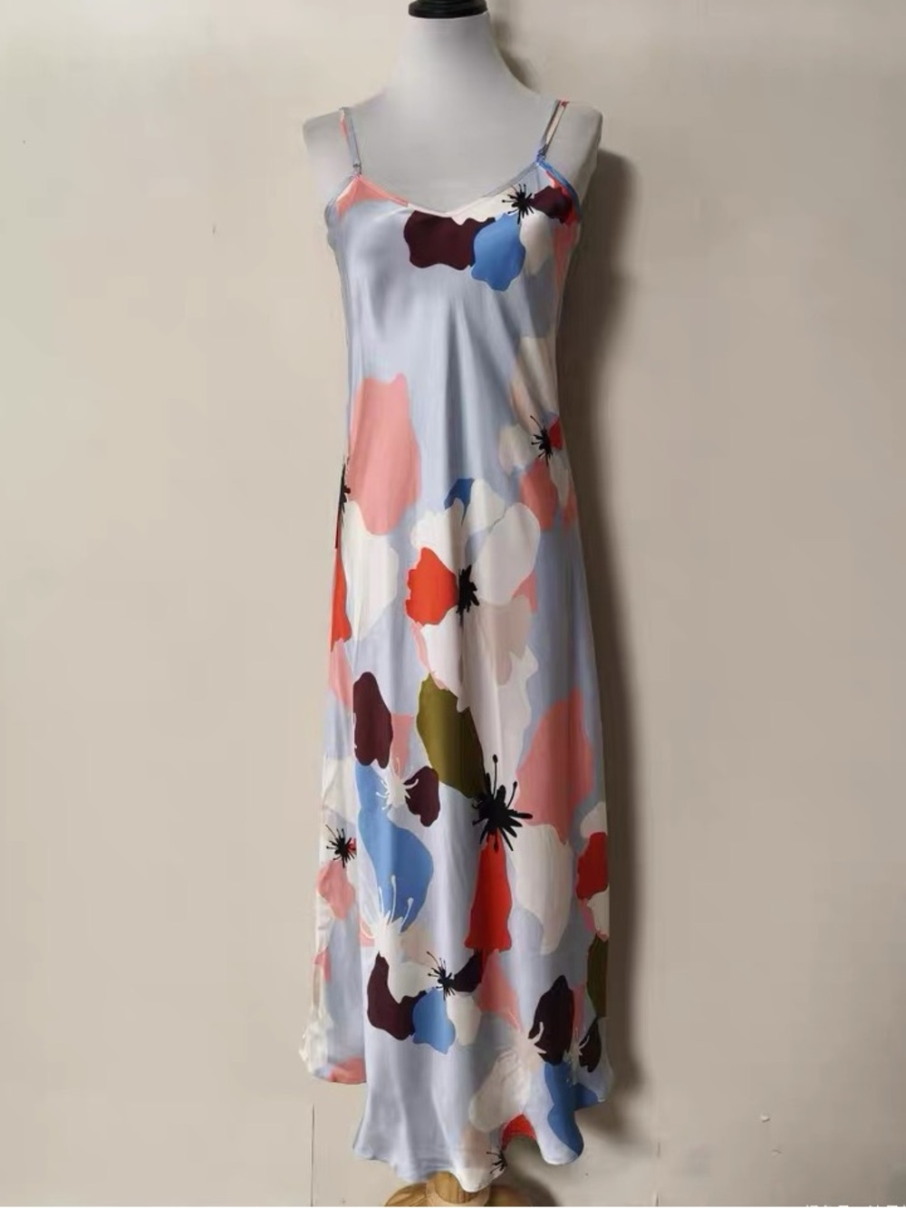 Light Blue Floral Slip Maxi Dress with Colorful Abstract Print